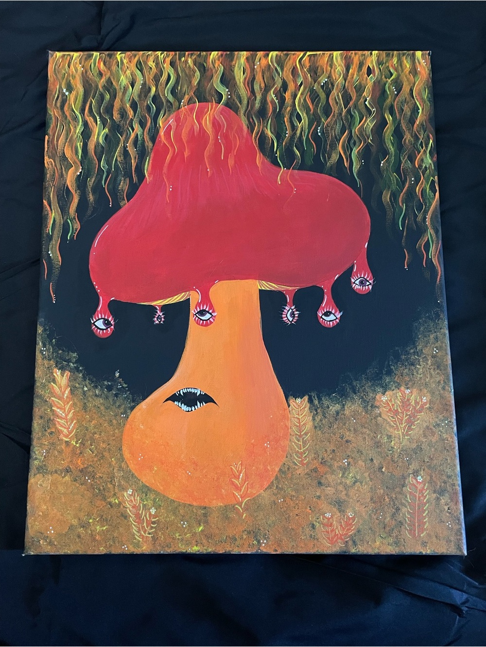 Hand Painted Surreal Red & Orange Mushroom Art Canvas by